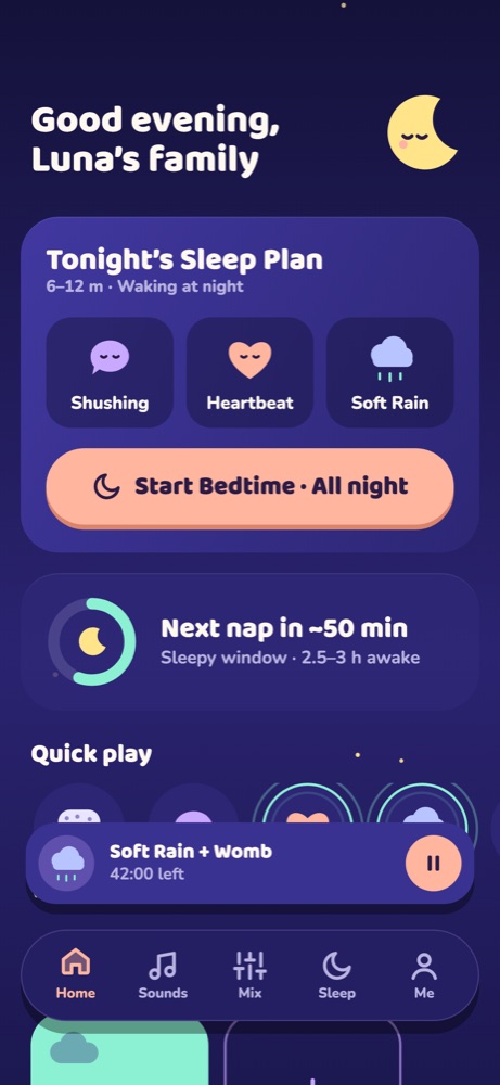 Cloudle home screen with tonight's sleep plan and quick-play sounds
